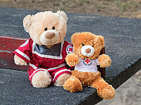Plüsch-Teddy in Einsatzkleidung mit kleinem Teddy im Arm